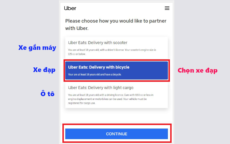 Hướng dẫn đăng ký Uber eats bằng xe đạp
